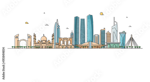 Minimalist line art skyline of Abu Dhabi showcasing iconic skyscrapers, traditional mosques, and modern bridges along the city coastline.