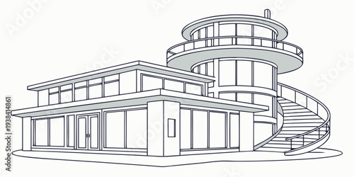 Intricate architectural design of a multi-story building with unique geometric features Vector