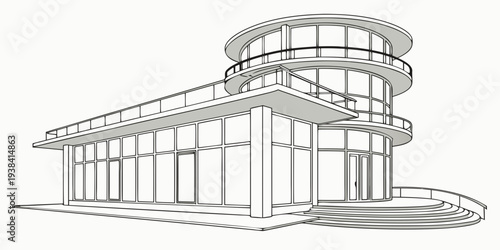 A modern architectural building with a unique curved roof and large windows Vector