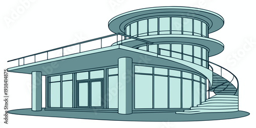Modern building with a unique architectural design and large windows. Vector