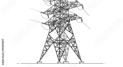 Detailed black and white line illustration of a high-voltage electricity pylon tower, showcasing its complex steel lattice structure and wires.