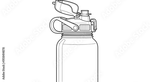 Technical line drawing of a reusable sports water bottle with a flip-top lid and handle, promoting hydration and an eco-friendly lifestyle.