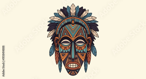 Ornate and colorful tribal mask adorned with a large headdress of blue, orange, and white feathers, inspired by indigenous folk art cultures.