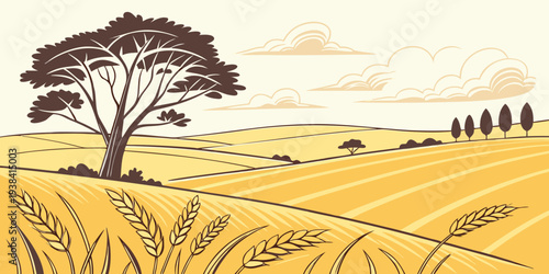 A solitary tree stands tall in a vast golden field under a clear blue sky. Vector