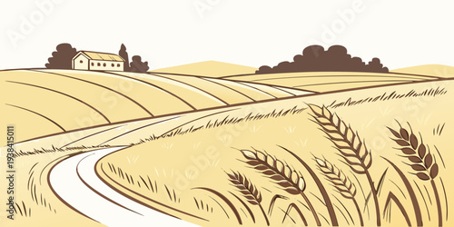 A winding road traverses through a vast, open landscape with rolling hills and distant trees. Vector