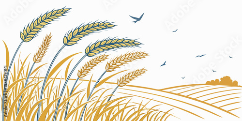 A serene landscape with a river, trees, and a flock of birds in flight Vector