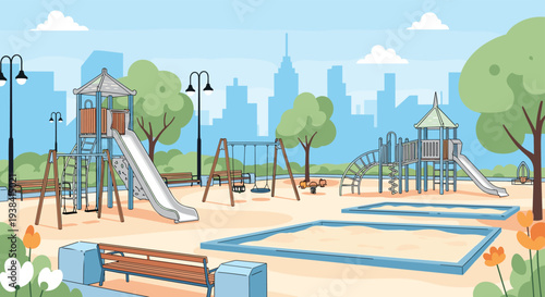 Vibrant outdoor children playground in a city park featuring slides, swings, and climbing structures for active play.