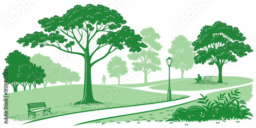 A serene landscape with lush green trees and a winding path through a peaceful countryside Vector
