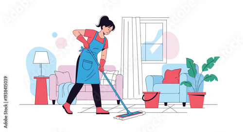 Young woman in an apron diligently mopping the floor of a tidy and colorful living room with modern furniture.