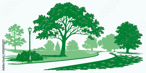 A serene landscape featuring lush green trees and a winding path in a park setting Vector