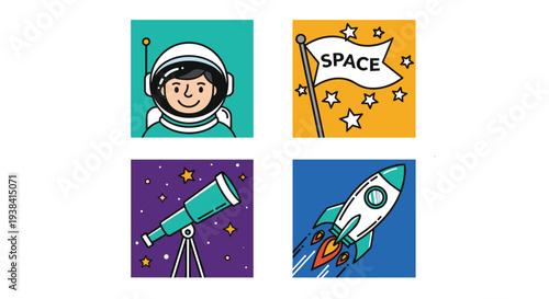 Collection of four colorful square icons depicting an astronaut, a space flag, a telescope, and a rocket ship.
