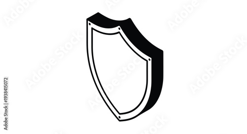Simple black and white isometric shield icon representing defense, protection, and security for digital or print use.