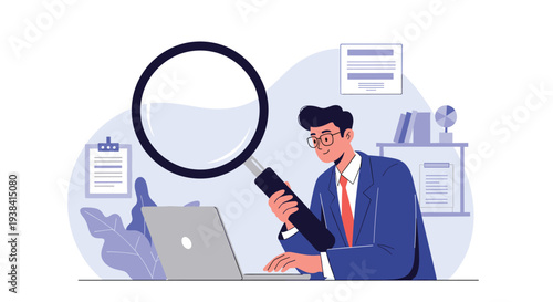 Professional man in a business suit using a large magnifying glass to inspect data on a laptop computer screen.