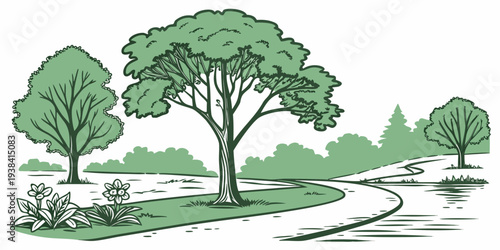 A serene landscape featuring a winding path through lush greenery and tall trees. Vector