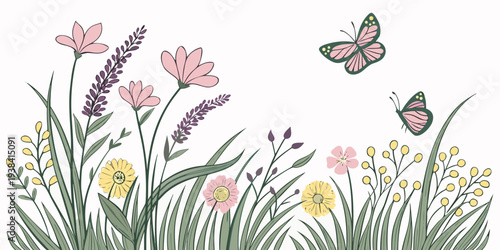 Colorful butterflies fluttering over a vibrant meadow filled with flowers Vector