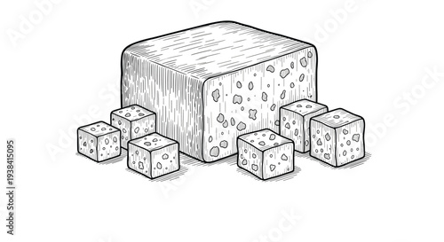 Detailed hand drawn line art illustration of a large block of swiss cheese surrounded by smaller cubes of cheese.