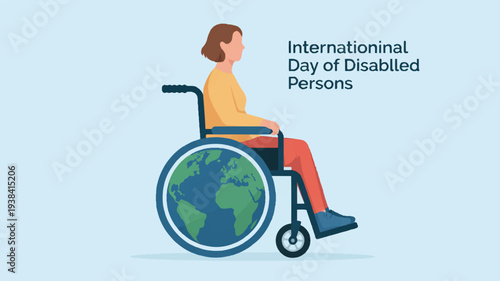 International day of disabled persons awareness illustration with woman in wheelchair and globe