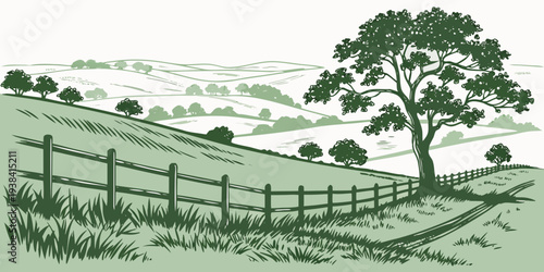 A serene countryside landscape with a winding dirt path and lush greenery Vector