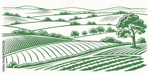 A serene landscape of rolling hills and lush greenery under a clear sky. Vector