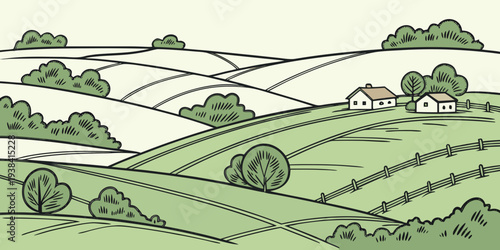 A picturesque landscape of rolling hills dotted with trees and winding paths Vector