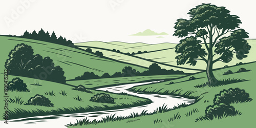A serene landscape with a winding river and lush greenery in the countryside Vector