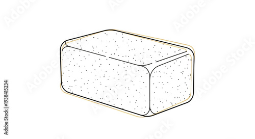 Minimalist black and white line drawing of a rectangular block with rounded edges and a speckled textured surface.