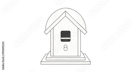 Clean line art illustration of a classic wooden birdhouse with a round entrance hole and a gabled roof design.