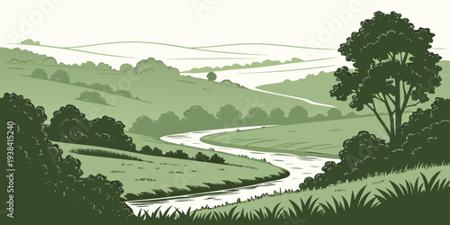 A serene landscape with a winding river surrounded by lush greenery and distant mountains Vector