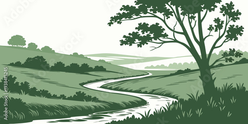 A serene landscape featuring a winding river and lush greenery with trees and grass Vector
