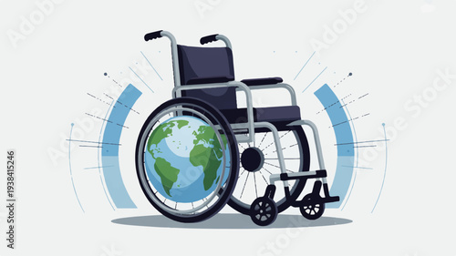 Wheelchair with globe earth on wheel symbolizing accessibility and global inclusivity for people with disabilities