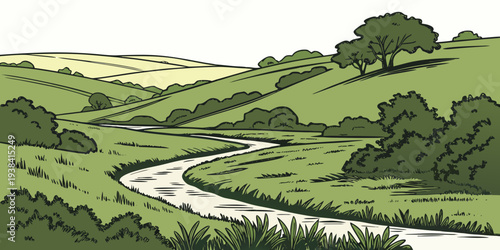 A picturesque landscape of rolling green hills and winding rivers. Vector