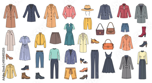 Fashion collection of women clothes and accessories displayed in a grid including coats dresses bags shoes and winter apparel pieces.