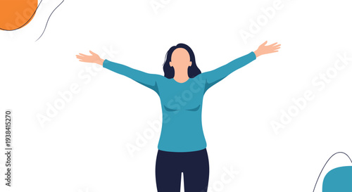 Successful woman with outstretched arms stands against a white backdrop with abstract orange and blue shapes representing freedom.