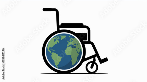 Vector illustration of a wheelchair with a globe as the wheel symbolizing accessibility and global inclusivity for people with disabilities