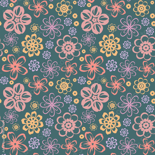 Colorful floral seamless vector pattern with stylized flowers on teal background