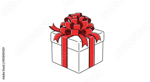 Simple white gift box is decorated with an elaborate and large red ribbon bow for a festive holiday or special celebration present.