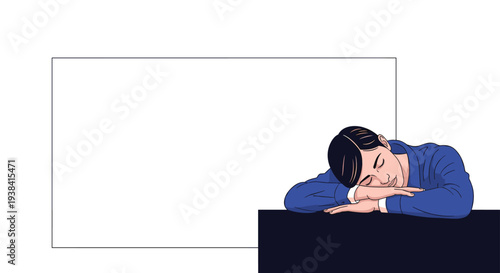 Exhausted office worker sleeps at their desk with head on arms next to a large blank white rectangular board for copy space.