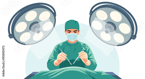 Medical professional surgeon in green scrubs and face mask performs a procedure under bright operating room surgical lights.