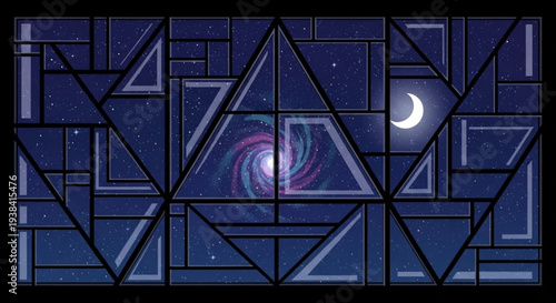 Abstract Cosmic Spiral Galaxy with Crescent Moon.