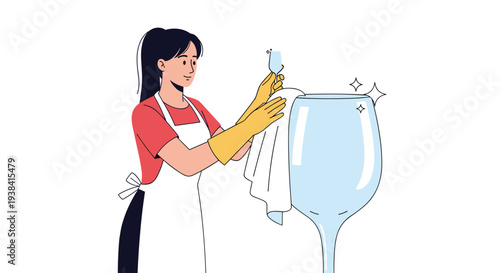 Woman in a red shirt and white apron polishes a giant oversized wine glass with a cleaning cloth and protective yellow gloves.