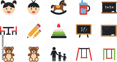Kindergarten and Preschool Icon Set Featuring Kids Faces, Toys, Blackboard, Pencil, Playground Swing, Rocking Horse, and Early Education Symbols