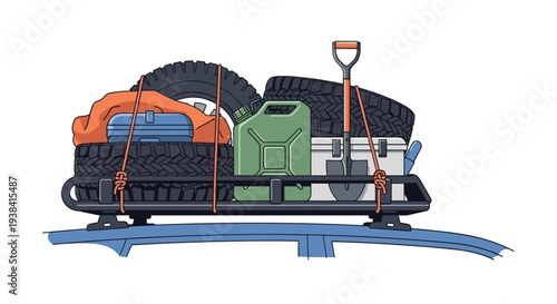 Car roof rack is loaded with expedition gear including spare tires a green jerry can a white cooler and a shovel for offroad travel.