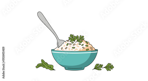 Healthy bowl of steaming rice porridge or risotto is garnished with fresh green parsley sprigs and served with a silver spoon.