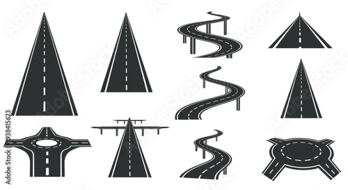 Comprehensive set of road icons includes straight highways curved bridges intersections and roundabouts for map design projects.