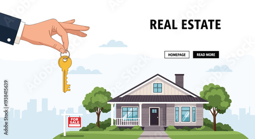 Real estate website banner shows a hand holding keys over a modern family house with a for sale sign and green trees.