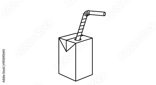 Simple line drawing of a juice carton with a flexible straw is presented in a minimalist style for beverage packaging concepts.