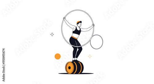 Circus performer in athletic gear balances on a wooden barrel while spinning multiple large hula hoops during a show routine.