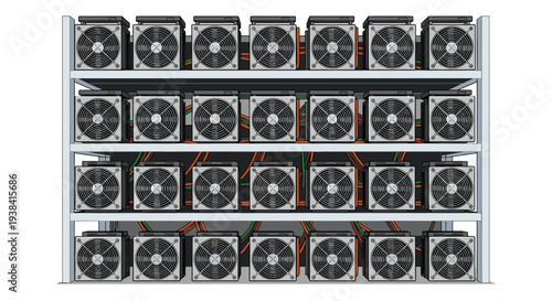 Cryptocurrency mining farm setup features rows of specialized server units with powerful cooling fans and orange power cables.