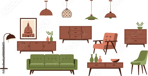 Mid Century Modern Living Room Furniture Set Featuring Sofa, Armchair, Cabinets, Pendant Lamps, Coffee Table, and Retro Interior Decor