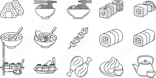 Japanese Food and Asian Cuisine Icon Set with Sushi Rolls, Ramen Noodles, Rice Balls, Skewers, Soup Bowls, Tea Kettle, and Traditional Dishes